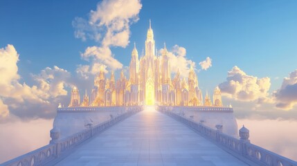 Obraz premium A gleaming white castle extends towards a bright sunlit sky