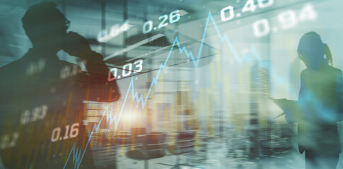Double exposure of abstract financial graph on office buildings background traders concept
