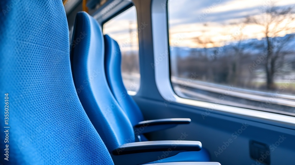 Poster cozy and inviting blue seats in a train window with scenic sunset background : generative ai