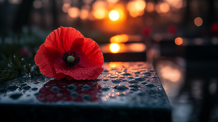 Red poppy flower with water droplets resting on wet surface against sunset bokeh background, symbolizing remembrance, fragility and natural beauty