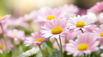 Fototapeta premium Delicate Pink Daisies Blooming in a Lush Garden Embraced by Soft Natural Light : Generative AI