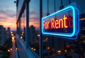 Neon 'For Rent' Sign Glowing at Dusk on Glass Building  