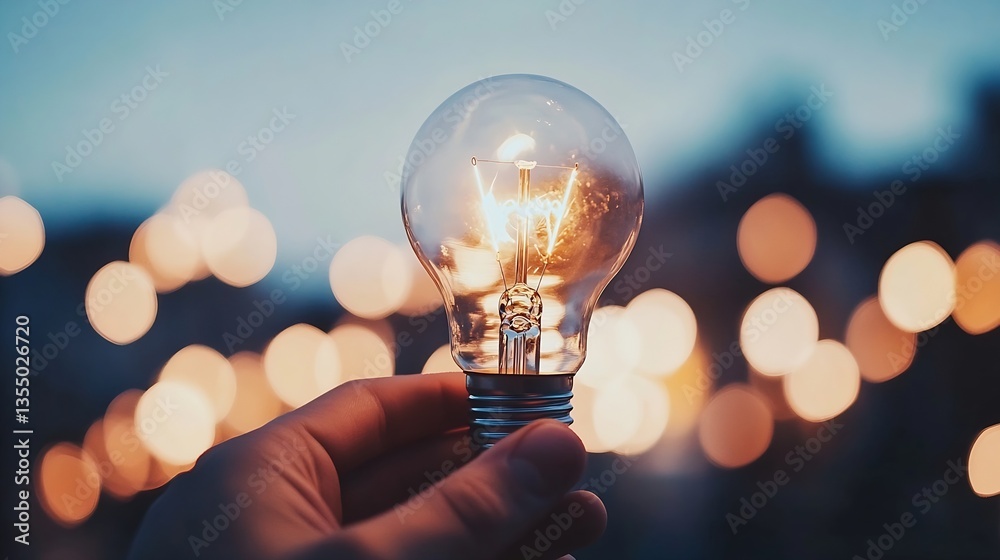 Aufkleber A glowing light bulb held in a hand surrounded by blurred twinkling lights at dusk : Generative AI