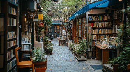 Fototapeta premium Narrow alleyway featuring outdoor bookshelves filled with books and cozy seating, framed by potted plants and a rustic atmosphere. Perfect for exploring or relaxing with a good read.. AI Generation