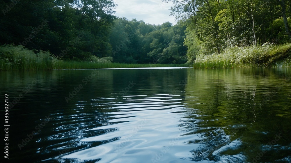 Poster peaceful lake surrounded by lush greenery reflecting trees in calm water : generative ai