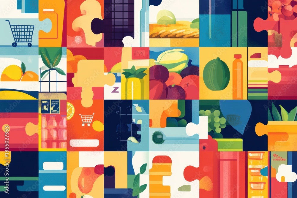 Poster groceries form a vibrant puzzle illustrating a complete shopping experience with modern colors and f