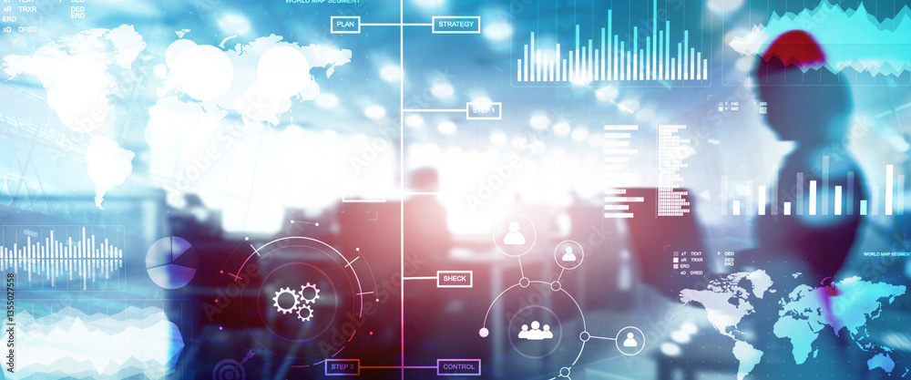 Wall mural business dashboard with key performance indicators on a virtual screen city interface