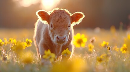 Fototapeta premium Calf in Field of Flowers at Sunset Golden Hour Portrait