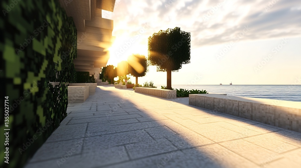Poster charming seaside promenade during sunset with trees casting shadows along the walkway as the sun des