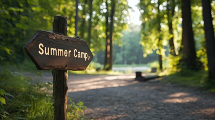 Forest path Summer camp sign early morning