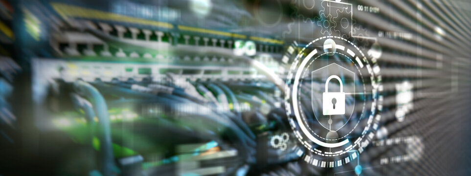 Cyber protection shield icon on server room background. Information Security 2025