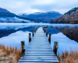 Obraz premium Misty Mountain Lake Wooden Pier