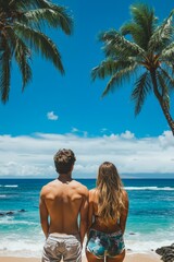 A man and a woman standing on a beach looking out at the ocean