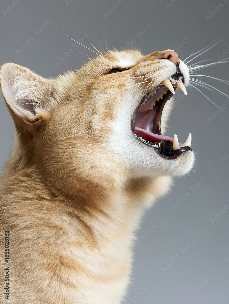 Poster Orange cat yells with a majestic expression showcasing sharp teeth in a calm atmosphere : Generative AI