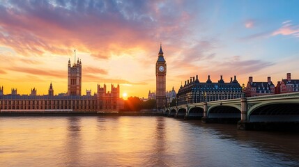 Fototapeta premium Iconic London skyline showcasing the famous Big Ben clock tower and the picturesque river Thames at sunset : Generative AI