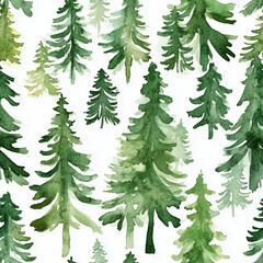 Obraz premium Watercolor Pine Tree Forest, seamless pattern