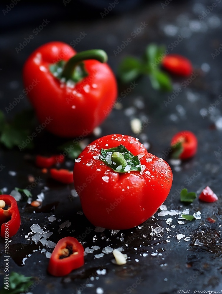 Poster fresh red bell peppers with sea salt and chopped chilies on rustic dark surface : generative ai