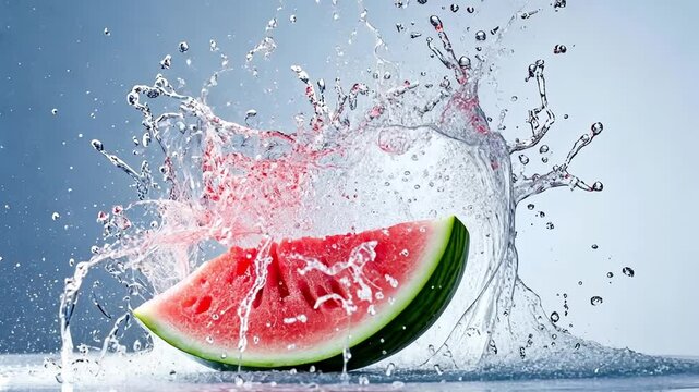 A vibrant watermelon slice lands in water, creating a stunning splash that captures the essence of summertime and refreshment. The scene showcases vivid colors and dynamic movement