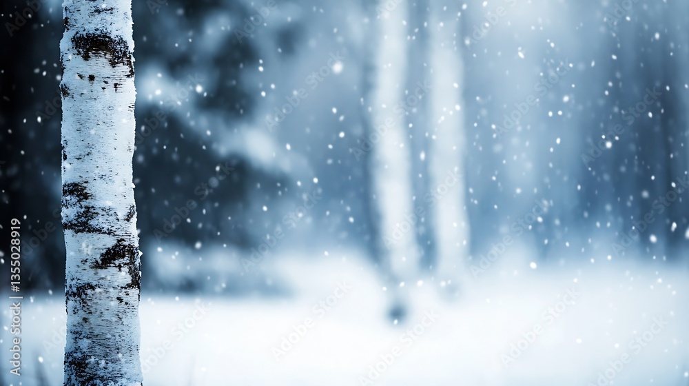 Poster Soft snow falling in a serene winter forest setting with birch trees in the background : Generative AI