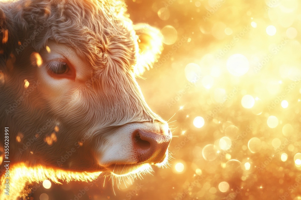 Poster close-up of a cows gentle face in warm sunlight creating a serene rural atmosphere with blurred farm