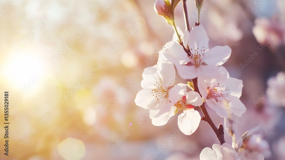 Poster delicate cherry blossoms illuminated by soft sunlight creating a romantic spring atmosphere : genera