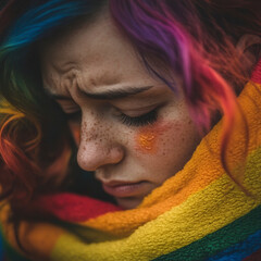 Fototapeta premium A tearful LGBTQ+ individual wrapped in a rainbow flag, colorful hair cascading down, looking lost in thought