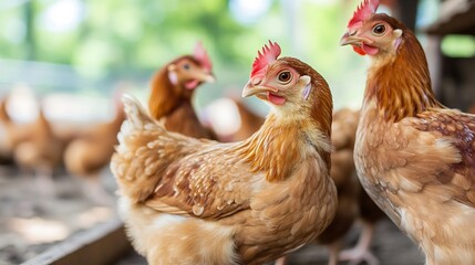 Fototapeta premium Closeup of lively chickens with striking combs in a rustic farm setting surrounded by greenery and light : Generative AI