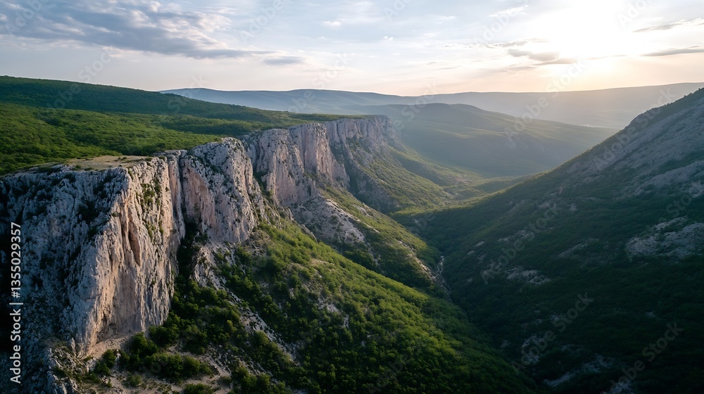 Poster aerial view of rugged cliffs and green valleys illuminated by warm sunset light : generative ai