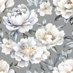 Obraz premium White watercolor wedding peonies on grey background Wallpaper, seamless pattern 