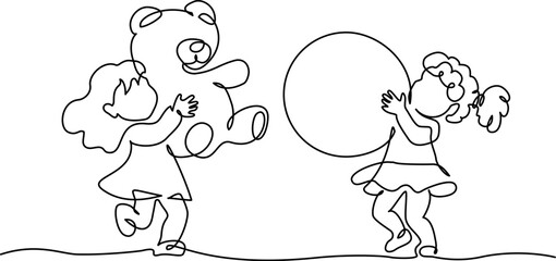Two Little girls play with their toys teddy bear and big ball. Continuous one line drawing.