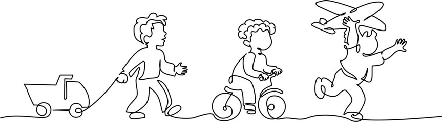 Happy boys playing toy airplane, bicycle, truck. Continuous one line drawing.