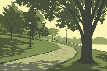 17 Sunlit park pathway, lush green trees, golden hour glow, winding concrete path, tranquil nature scene, verdant grass, dappled sunlight, serene landscape, peaceful walkway, vibrant foliage, warm sum