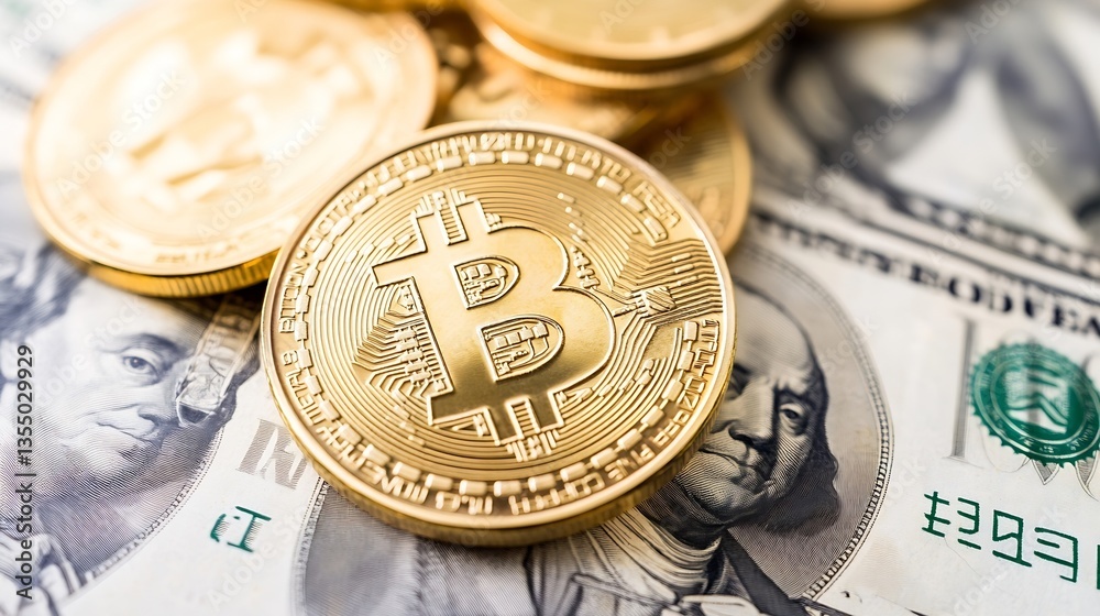 Poster closeup of bitcoin coins stacked on us dollar bills showcasing cryptocurrency : generative ai