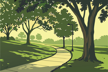 17 Sunlit park pathway, lush green trees, golden hour glow, winding concrete path, tranquil nature scene, verdant grass, dappled sunlight, serene landscape, peaceful walkway, vibrant foliage, warm sum