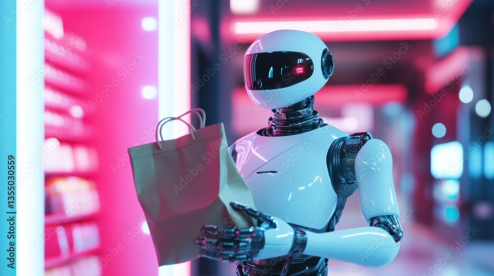 Leinwandbilder friendly futuristic delivery robot hands over a grocery bag in a modern cyberpunk setting with smoot