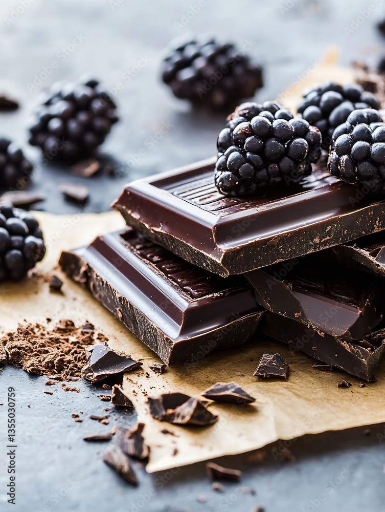 Poster delicious dark chocolate bars topped with fresh blackberries on a rustic background : generative ai