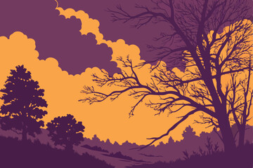 18 Dramatic sunset sky, Fiery orange clouds, Deep purple atmosphere, Vibrant color contrast, Billowing cloud formations, Moody twilight scene, Intense golden light, Atmospheric dusk, Turbulent skyscap