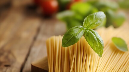 Delicious raw pasta noodles garnished with fresh basil leaves on a wooden kitchen table : Generative AI