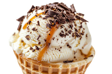 Creamy vanilla ice cream nestled in a waffle cone, generously topped with chocolate shavings and a rich caramel drizzle, a delightful summer treat.