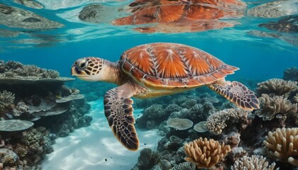 Sea Turtle Swimming Underwater Near Coral Reefs with Sandy Ocean Floor