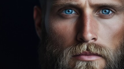 Obraz premium Close-up portrait of a man with a serious expression, intense blue eyes, and a well-groomed beard