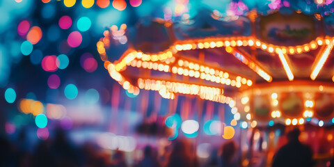 Multicolored lights blurred background with playful carousel bokeh and crowds.