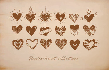 Collection of hand drawn doodle hearts on vintage background