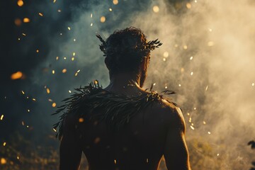 Mystical Man with Leaf Crown in Smoky Forest, Back View, Pagan Ritual, Fire Sparks, Glowing Skin