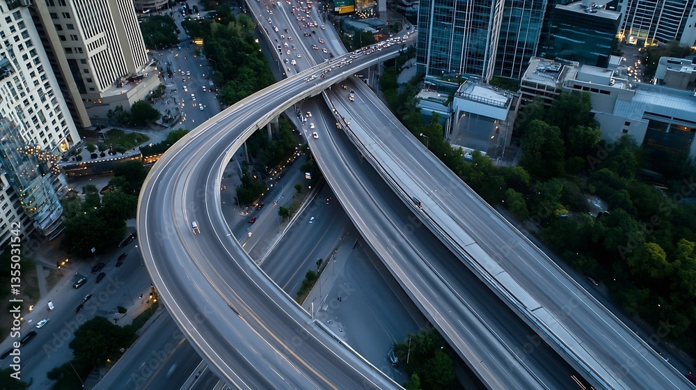 Poster aerial view of busy city highway interchange with moving vehicles and surrounding buildings : genera