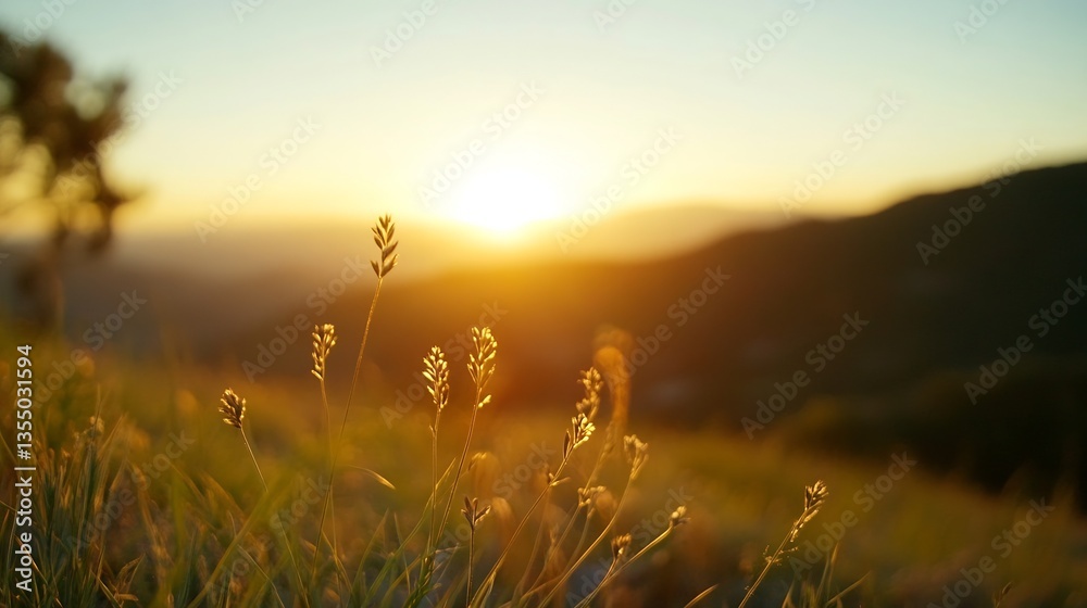 Poster sunlight illuminating grassy field with sunset casting warm golden glow through grass : generative a