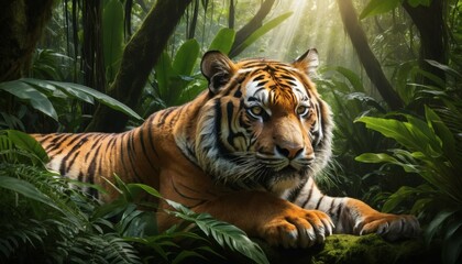 Obraz premium Majestic Tiger Resting in Lush Jungle with Sunlight and Green Foliage