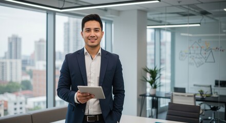 Fototapeta premium A confident young man smiles in a modern office, holding a tablet. The backdrop features skyscrapers and glass walls, creating a professional and inviting atmosphere.