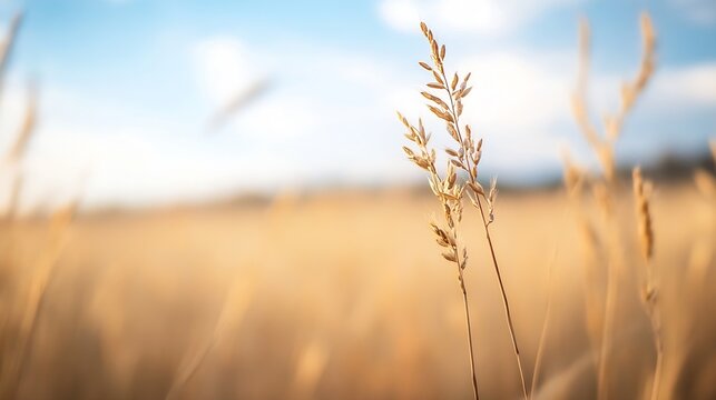 Close up view of golden wheat grass swaying gently in the breeze under a clear blue sky : Generative AI