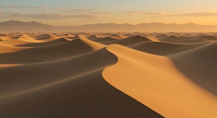 Golden Hour Desert Landscape Rolling Sand Dunes and Distant Mountains at Sunset
